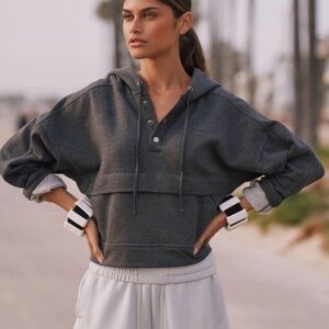 Anthropologie Daily Practice Henley Cropped Hooded Charcoal Sweatshirt size xs